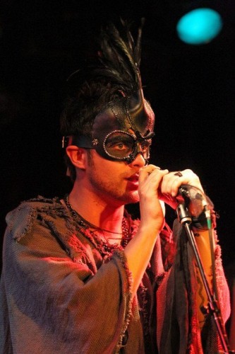 Thomas Dekker performing at The Viper Room, Los Angeles, wearing a feather mask Los Angeles 04/19/2012 © Rachid Ait, PacificCoastNews.com 