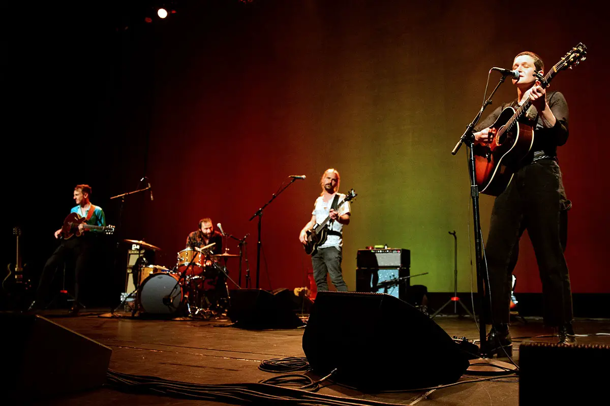 Left to right: Buck Meek, James Krivchenia, Max Oleartchik, and Adrianne Lenker of indie rock band Big Thief performing at Kings Theatre. Photo by Lindsay Brown.