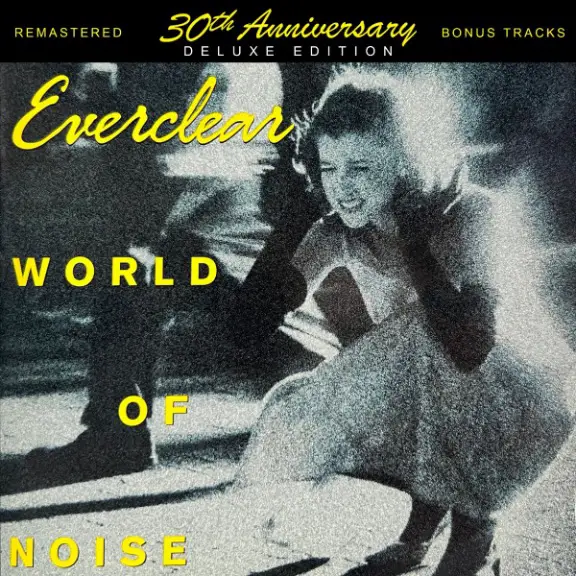 Everclear "World of Noise" 30th Anniversary Deluxe Edition, Remastered with Bonus Tracks. A lady walking on the street ducks and puts her hands over her ears in visible discomfort.