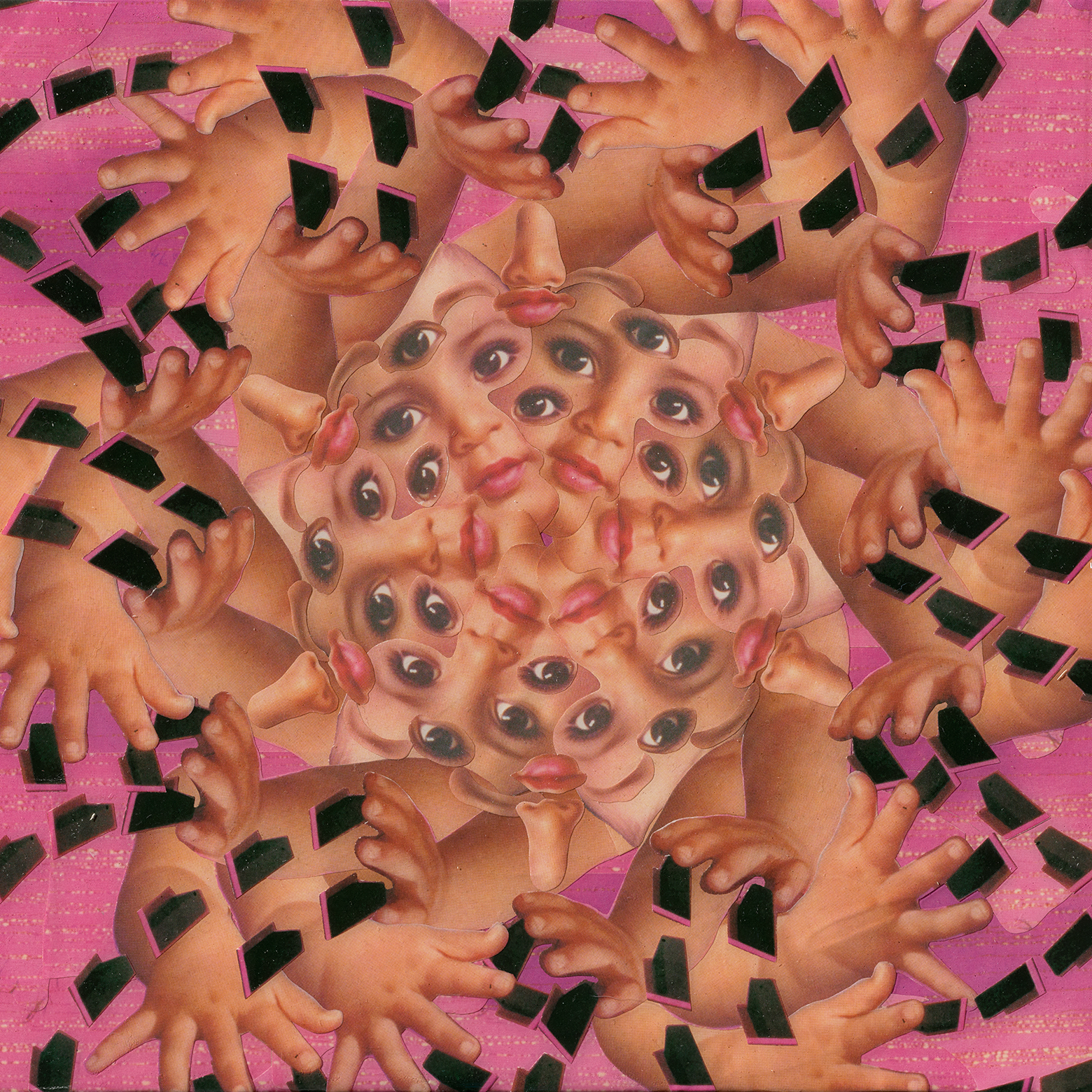 A spiraling collage of infant arms and faces on a pink background