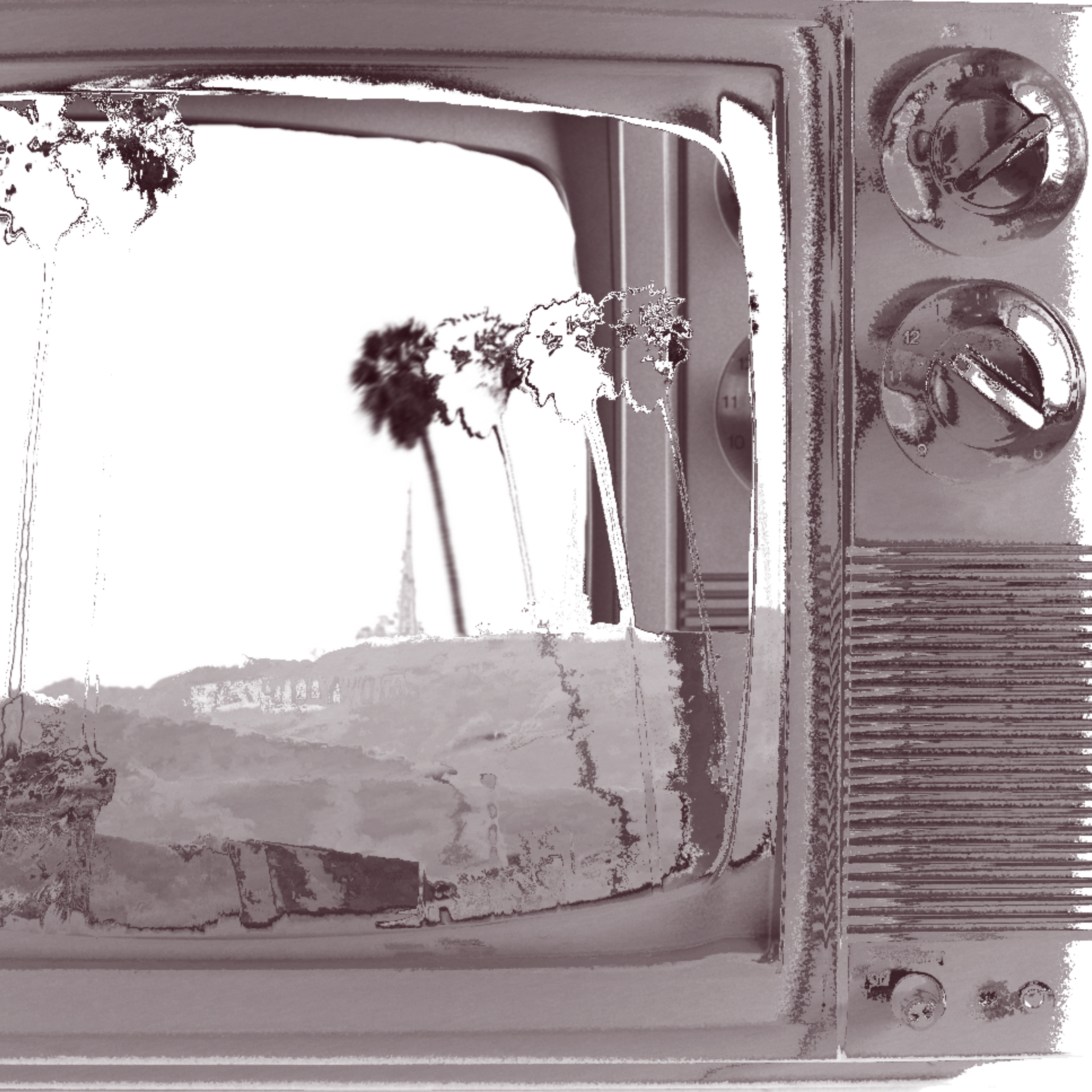 A greyscale image of a television featuring on screen a vague image of a beach with a palm tree.