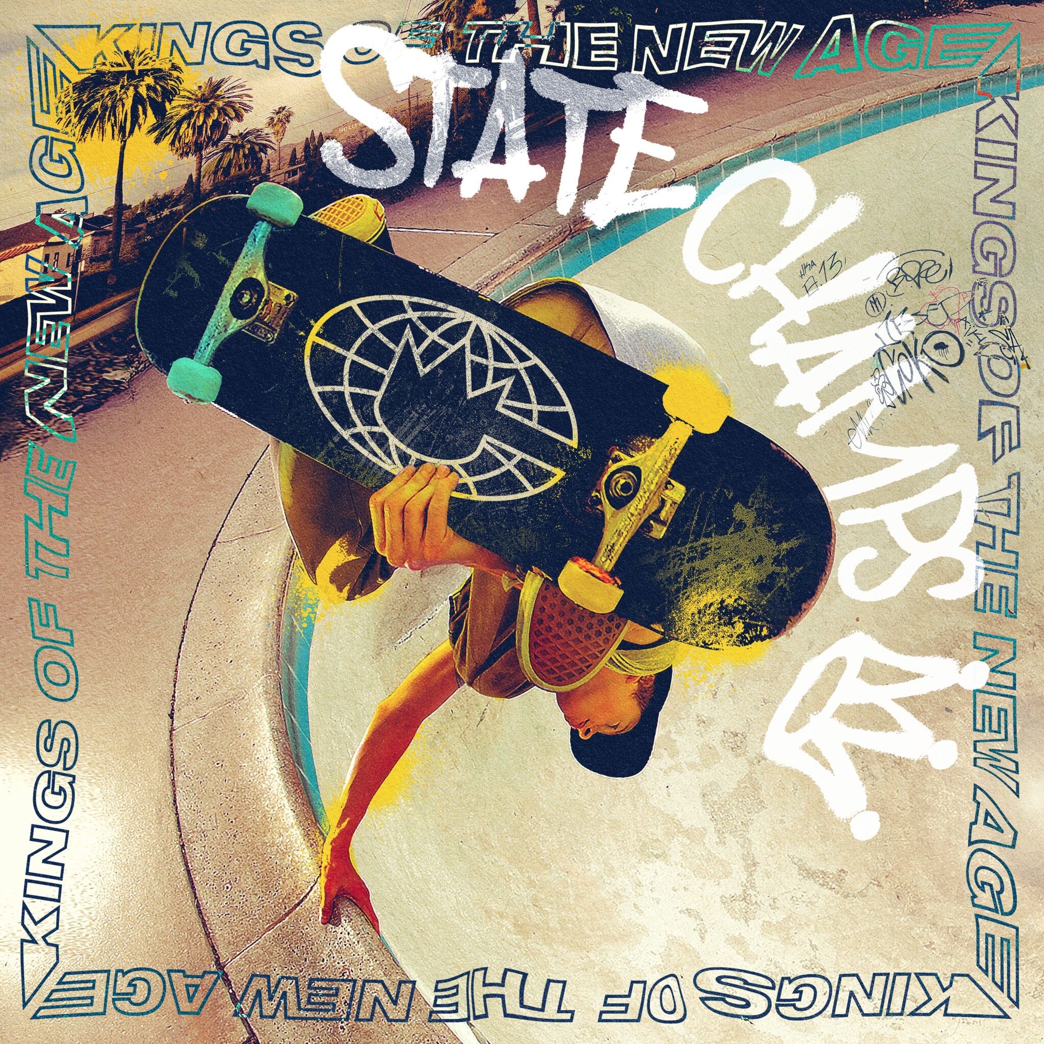 State Champs. "Kings of the New Age" spelled out across each side of the frame. A ground-to-sky shot of a skateboarder gripping his board during a jump.