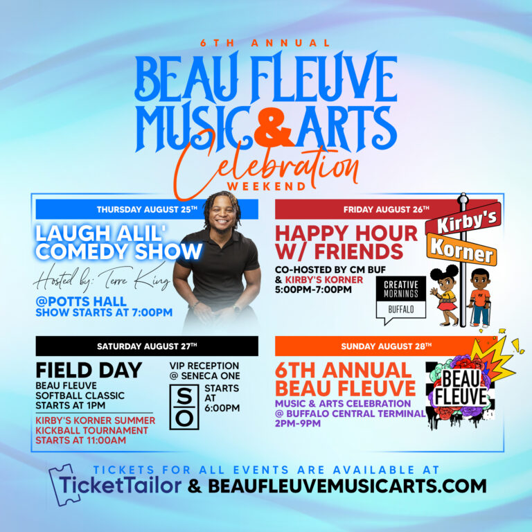 Beau Fleuve Music & Arts Celebration poster with comedian and cartoon art.