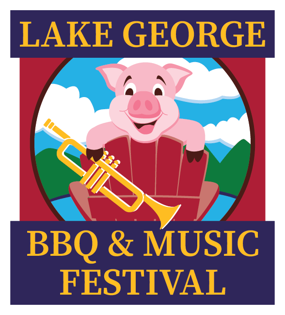 Lake George BBQ & Music Festival logo with a pig, ADK chair, and trumpet.