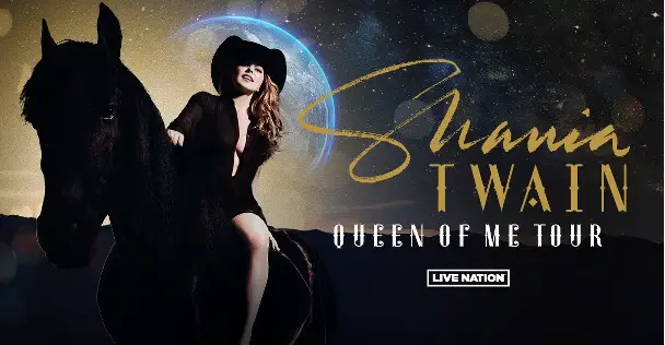 Shania Twain sits atop a horse with the earth as her background and the words "Shania Twain Queen of Me Tour" overlaid on the image.