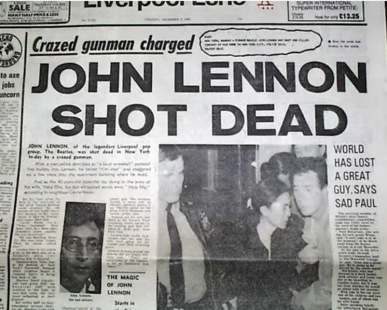 Newspaper headline in Liverpool Photo, Dec. 9th, 1980 via rarenewspapers.com