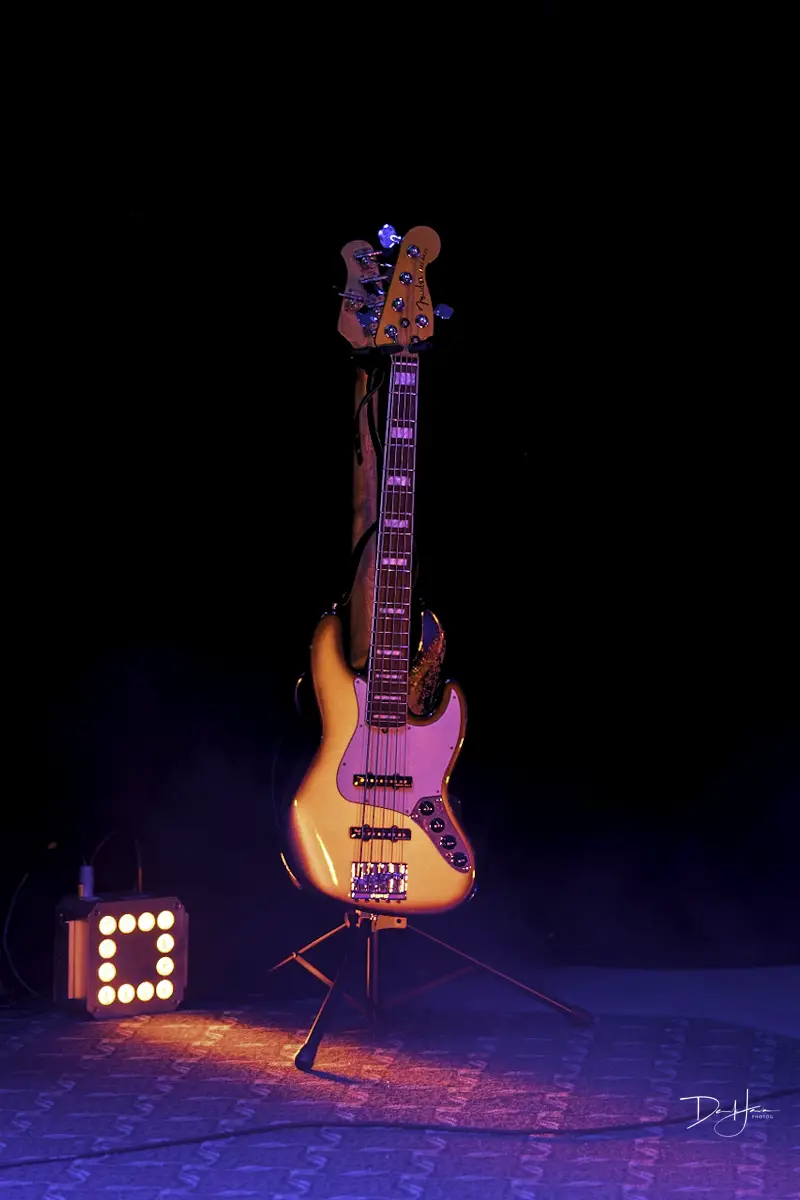 Mick Vaughn's bass guitar at the Strand Theater. Photo by Derek Java.