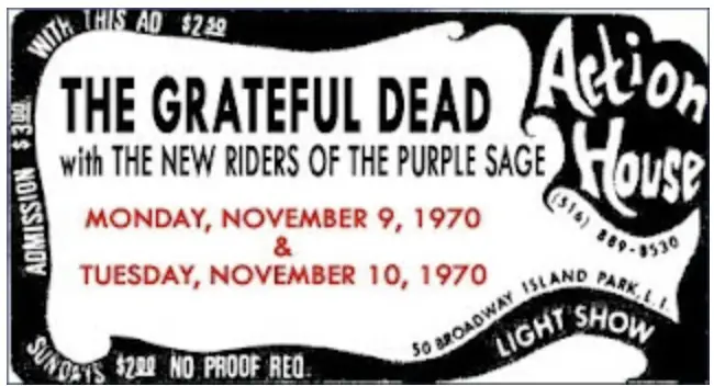 A playbill for the Grateful Dead and The New Riders of The Purple Sage at the Action House on Nov 9-10, 1970 - Photo via concertarchives.org