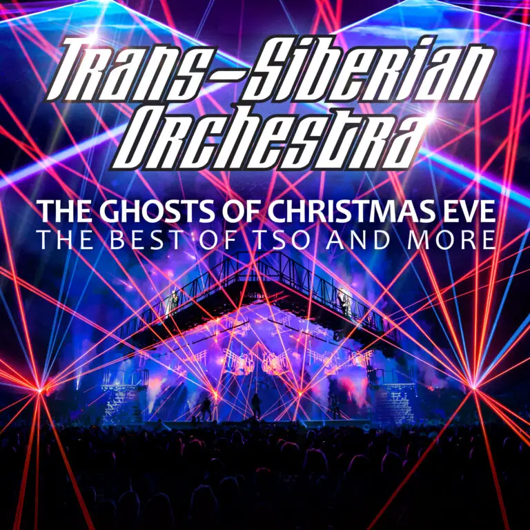 Stage with large crowd and red lasers with Trans-Siberian Orchestra logo and tour name. 