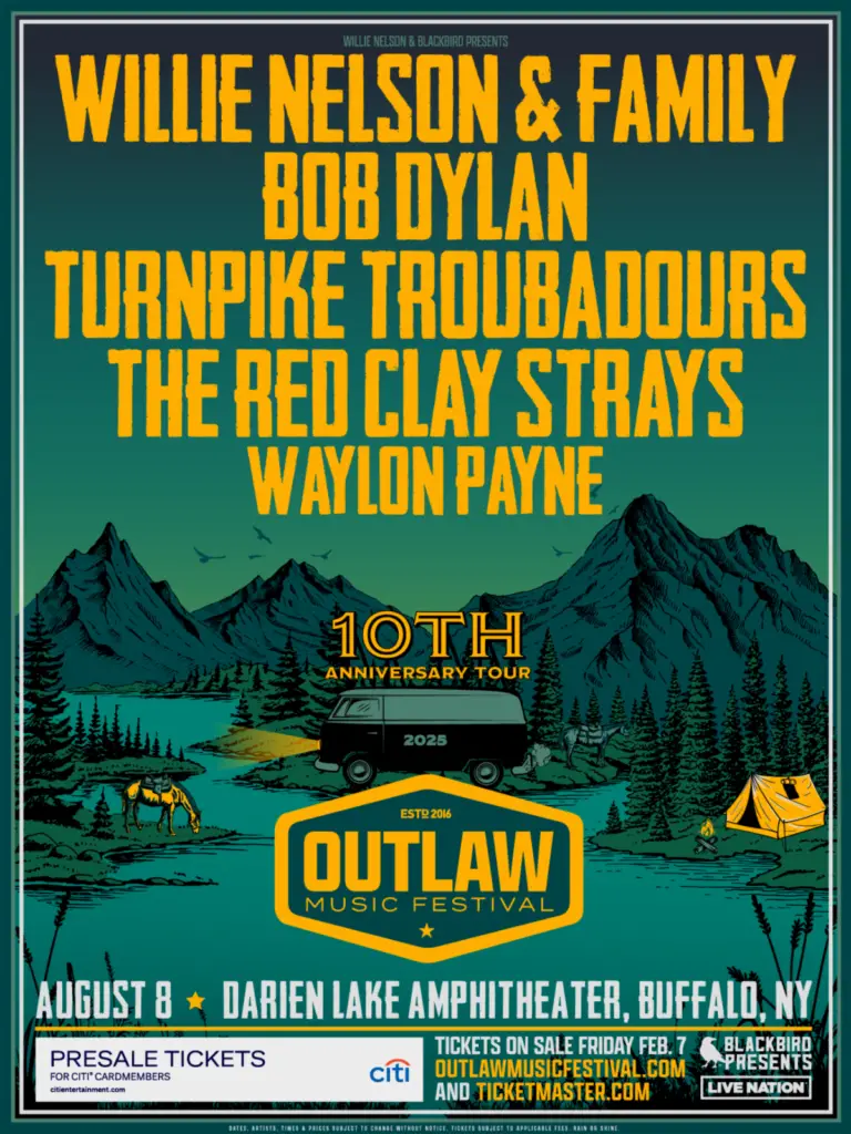 Outlaw Music Festival Poster w/ Willie Nelson, Bob Dylan, Turnpike Troubadours, The Red Clay Strays, and Waylon Payne