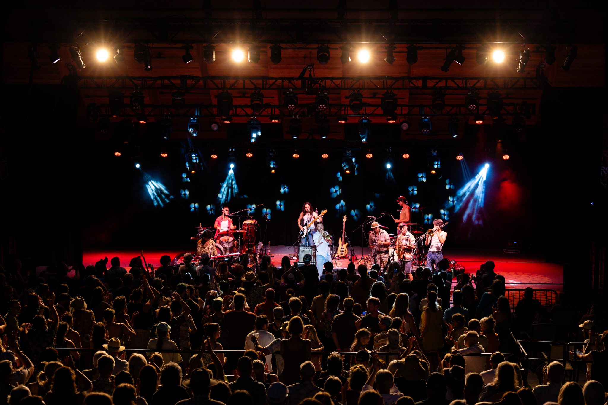 A photo of The California Honeydrops performing at Britt Pavilion in July 2024. Photo by Matt Honnies