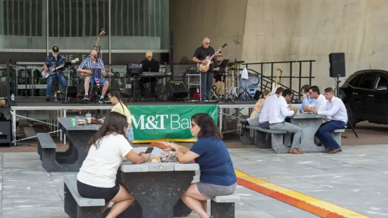 picture of people at picnic tables eating while a band plays on a stage in the distance at the Lunchtime At the Plaza Music Series event