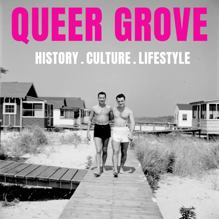 Two men standing on boardwalk; "Queer Grove" podcast photo cover