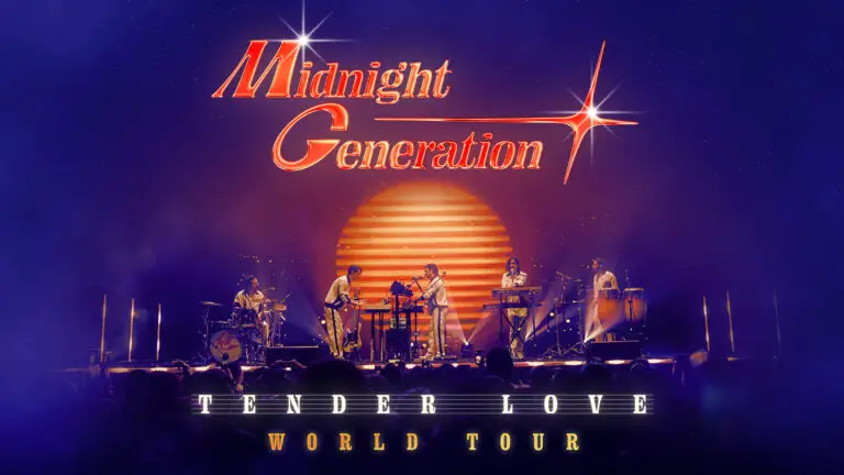 poster of midnight generation on stage with orange sun graphic behind them. Words Midnight Generation above the band and Tender Love World Tour below.