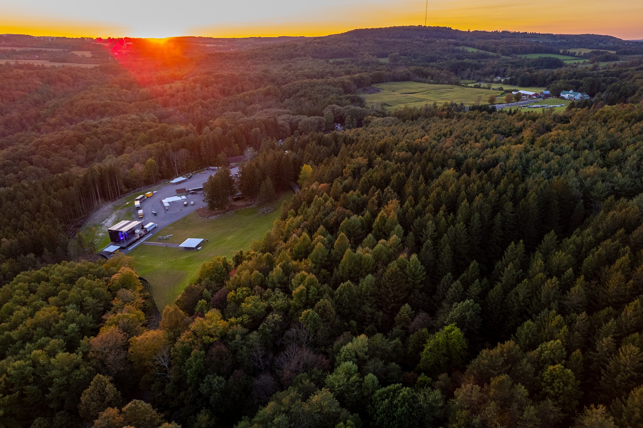 Ariel view of Wonderland Forest concert venue at sunset