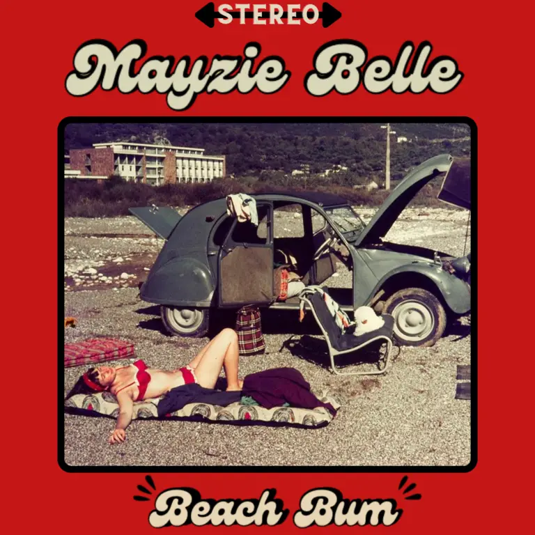 The "Beach Bum" cover by Mayzie Belle depicts a 60s feeling with a woman in a red bikini sunbathing in front of an abandoned Volkswagen Beetle and an old-fashioned diner style font.