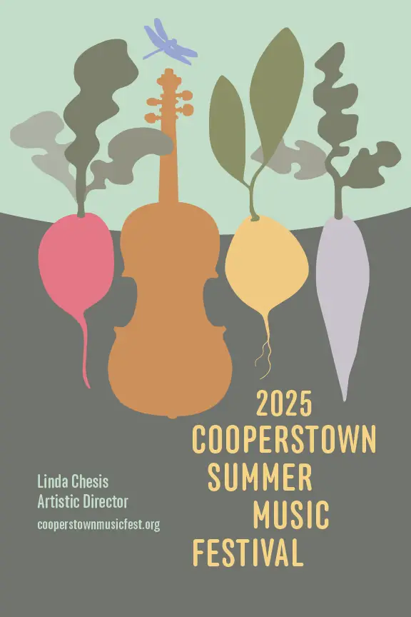 poster for the summer music fest, root vegetables in the ground but one is a cello