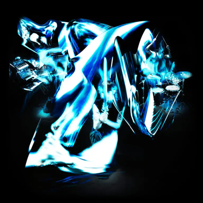 modern church album art, abstract light art blue and white in front of black