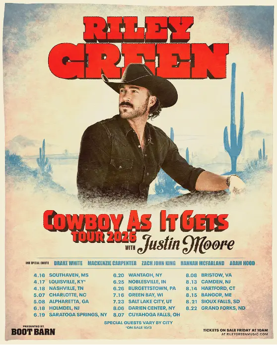 Country singer Riley Green will be performing in Saratoga Springs, Wantagh, and Darien Center starting June 2026.