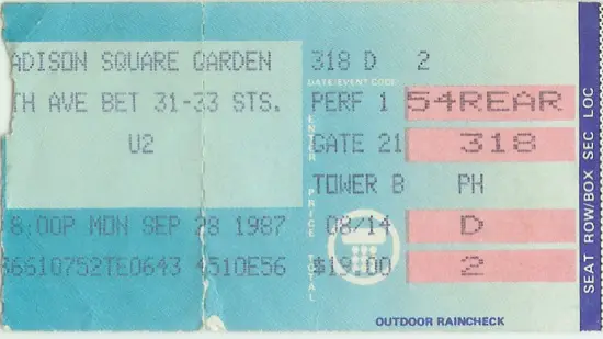 U2 ticket stub Joshua Tree Tour Madison Square Garden