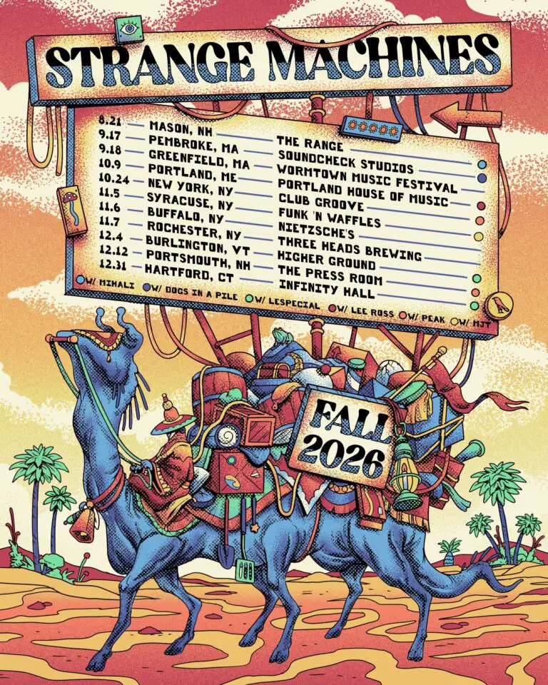 A poster listing Strange Machines' tour dates and locations, with artwork by Duncan Hatch featuring a blue camel-like creature